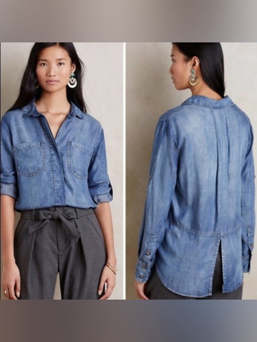 Anthropologie Tencel Flowy Denim Button-Front Shirt - Blue